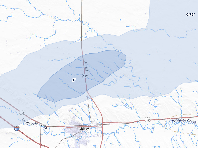 NEXRAD radar-signature map of the hail over Sidney, NE