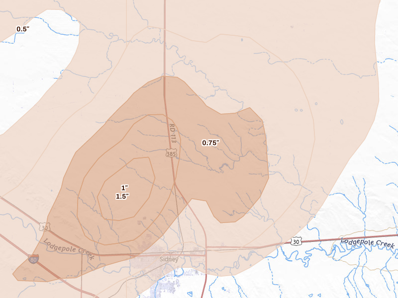 Radar-estimated hail-size map of the storm over Sidney, NE on Jun 7, 2026