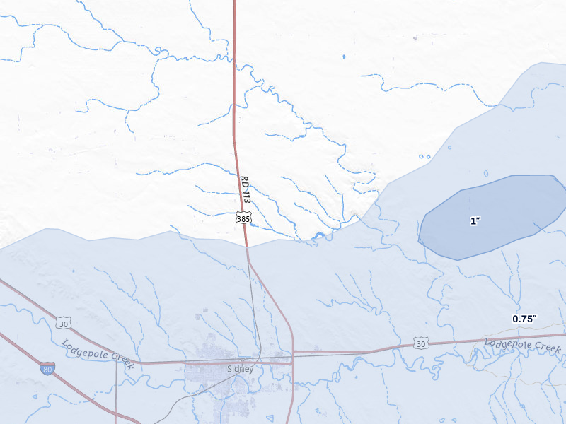 NEXRAD radar-signature map of the hail storm over Sidney, NE on Jun 8, 2026