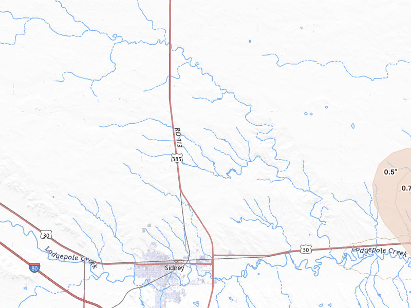 Radar-estimated hail-size map of the storm over Sidney, NE on Jun 24, 2026