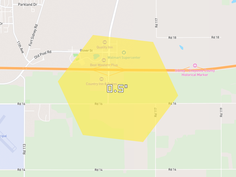 Hail map of Sidney, NE on Jul 1, 2026, hail up to 0.5"