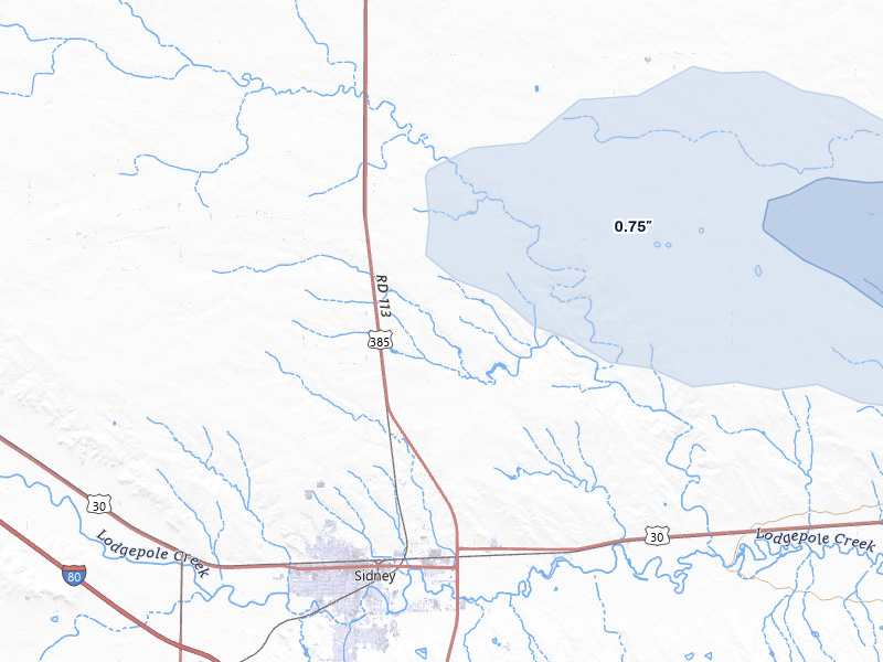 NEXRAD radar-signature map of the hail storm over Sidney, NE on Jul 3, 2026
