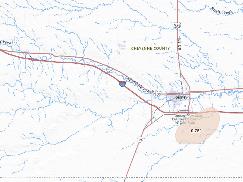 Radar-estimated hail-size map of the storm over Sidney, NE on Jul 7, 2026