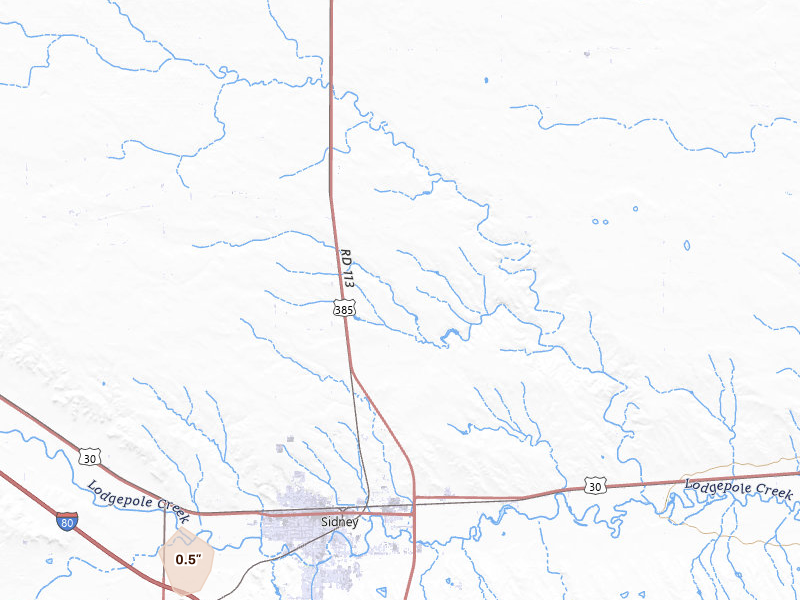 Radar-estimated hail-size map of the storm over Sidney, NE on Jul 9, 2026