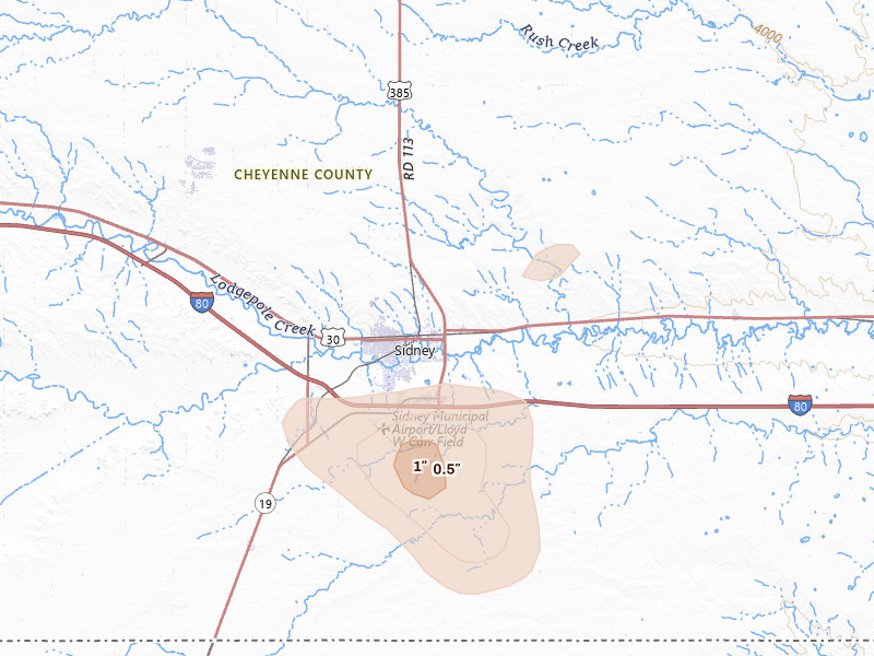 Radar-estimated hail-size map of the storm over Sidney, NE on Aug 10, 2026
