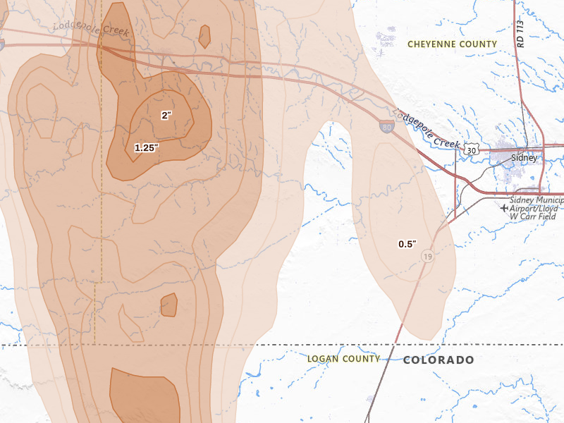 Radar-estimated hail-size map of the storm over Sidney, NE on Aug 21, 2026