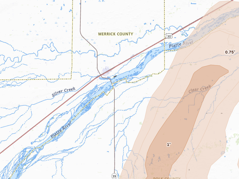 Radar-estimated hail-size map of the storm over Silver Creek, NE on May 16, 2026