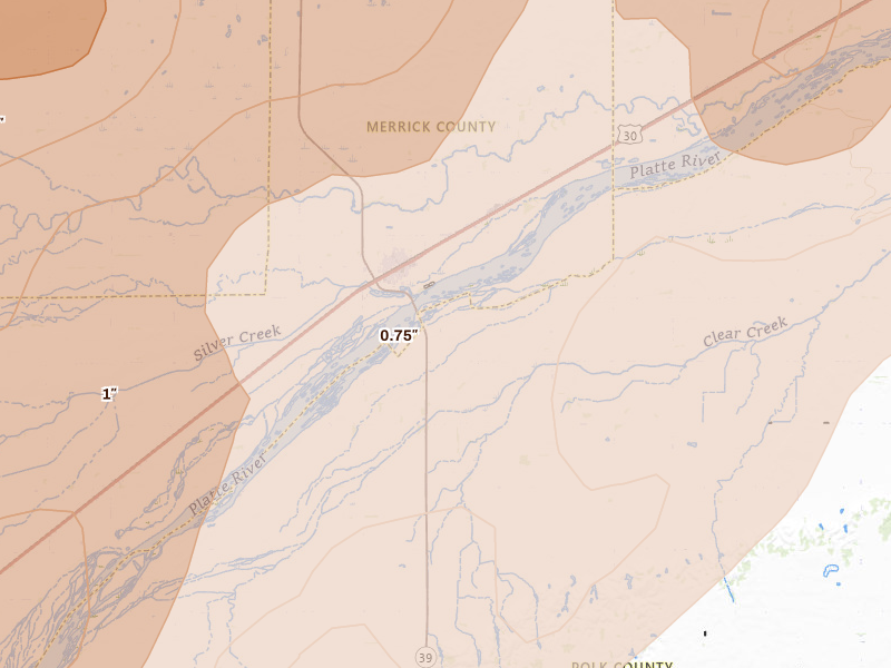 Radar-estimated hail-size map of the storm over Silver Creek, NE on May 17, 2026