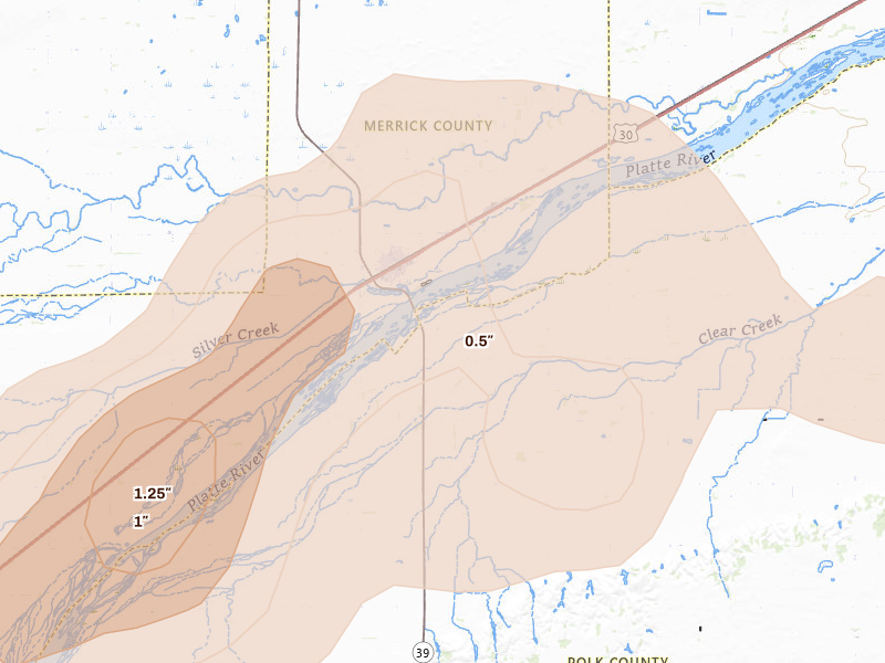 Radar-estimated hail-size map of the storm over Silver Creek, NE