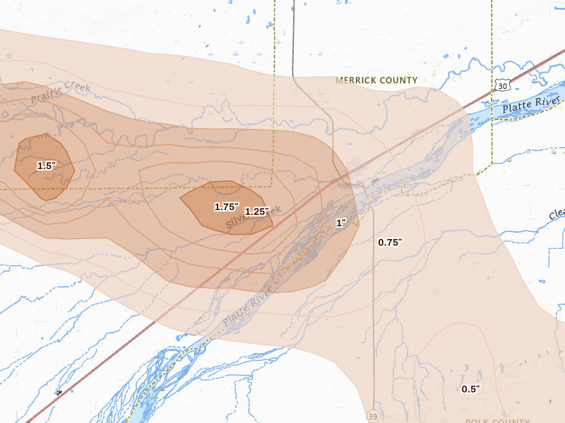 Radar-estimated hail-size map of the storm over Silver Creek, NE on Aug 19, 2026