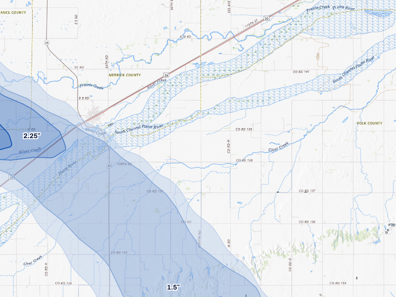 NEXRAD radar-signature map of the hail storm over Silver Creek, NE on Aug 19, 2026