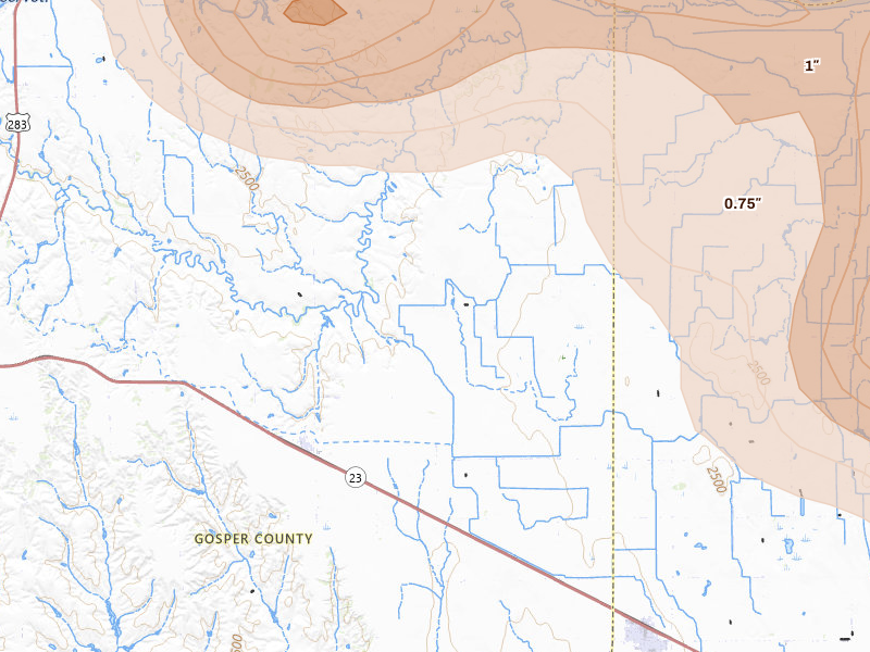 Radar-estimated hail-size map of the storm over Smithfield, NE on May 16, 2026