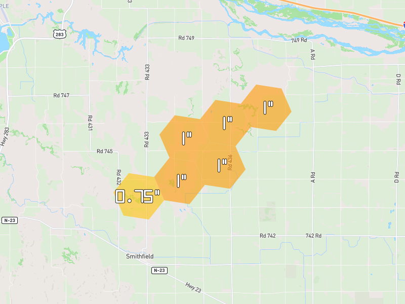 Hail map of Smithfield, NE on Jun 3, 2026, hail up to 1"