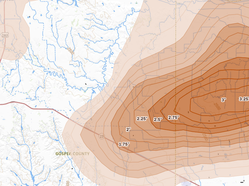 Radar-estimated hail-size map of the storm over Smithfield, NE on Jun 10, 2026