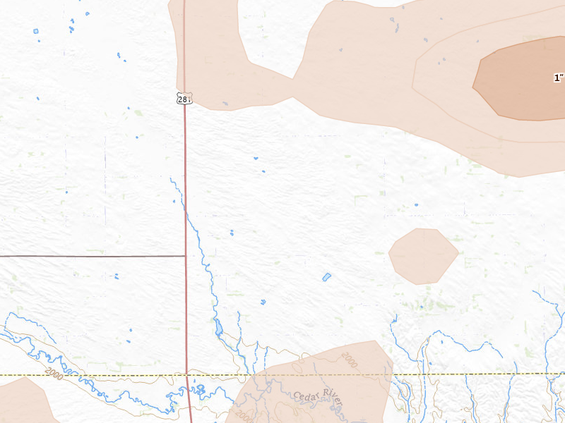Radar-estimated hail-size map of the storm over Spalding, NE on Jun 12, 2026