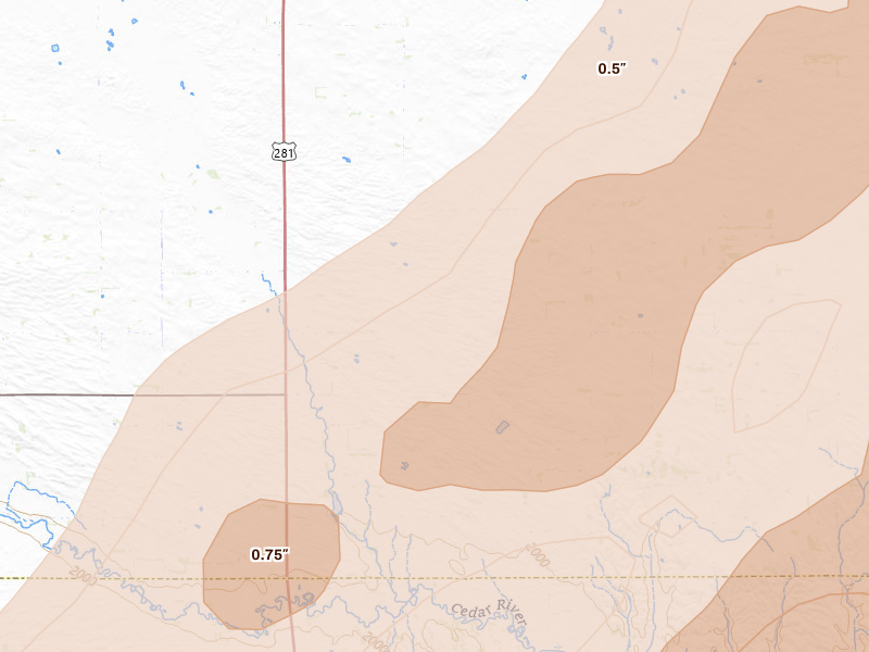 Radar-estimated hail-size map of the storm over Spalding, NE on Jun 29, 2026