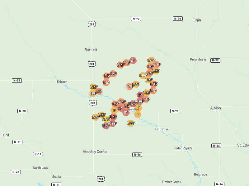 Hail map of Spalding, NE on Jun 30, 2026, hail up to 2.5"
