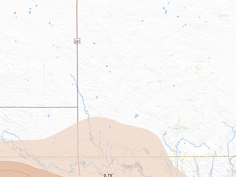 Radar-estimated hail-size map of the storm over Spalding, NE on Jul 8, 2026