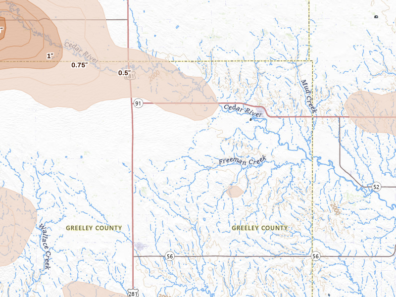 Radar-estimated hail-size map of the storm over Spalding, NE on Aug 8, 2026