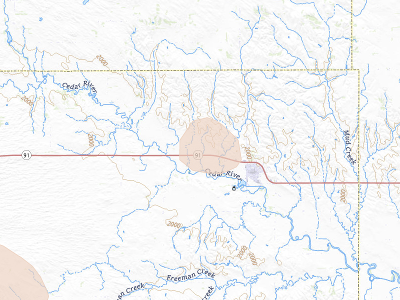 Radar-estimated hail-size map of the storm over Spalding, NE on Aug 12, 2026