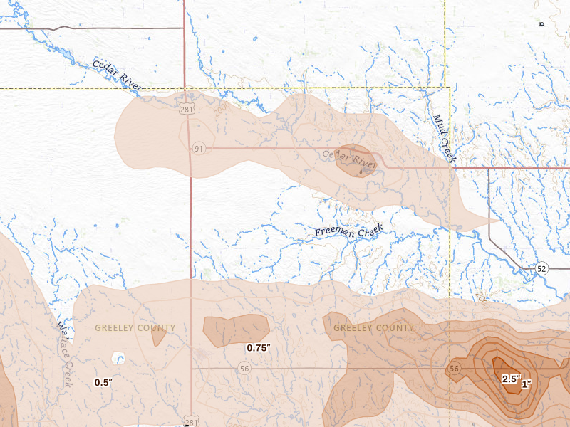 Radar-estimated hail-size map of the storm over Spalding, NE on Aug 17, 2026