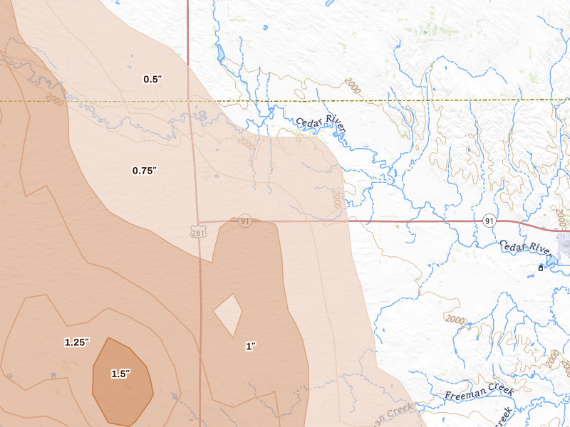 Radar-estimated hail-size map of the storm over Spalding, NE on Aug 19, 2026