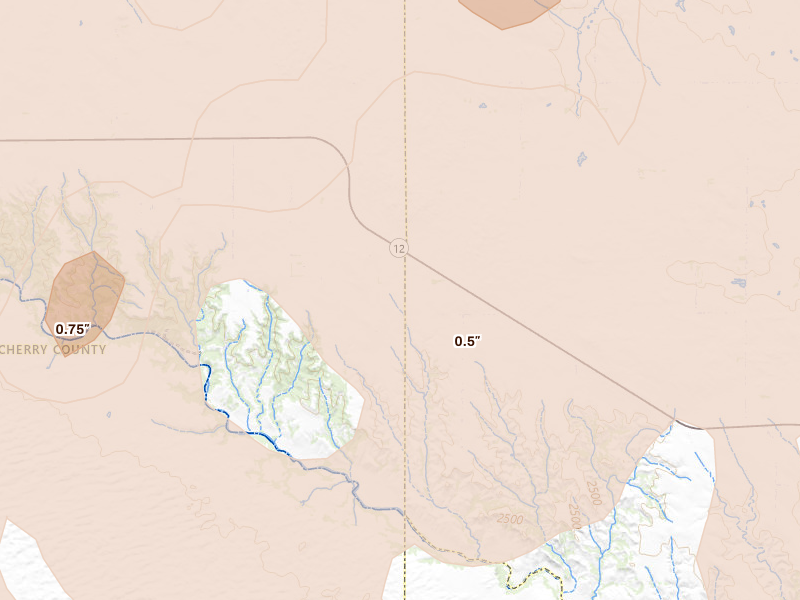 Radar-estimated hail-size map of the storm over Sparks, NE on Jun 27, 2026