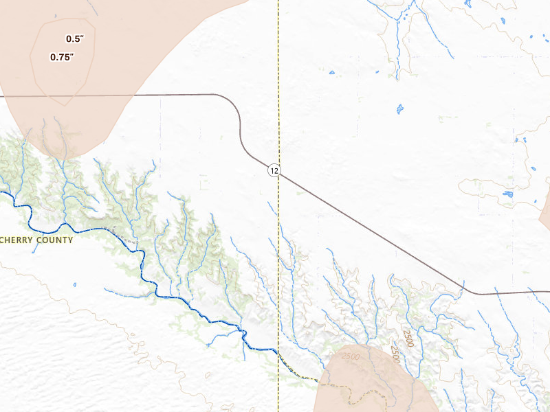 Radar-estimated hail-size map of the storm over Sparks, NE on Jun 30, 2026