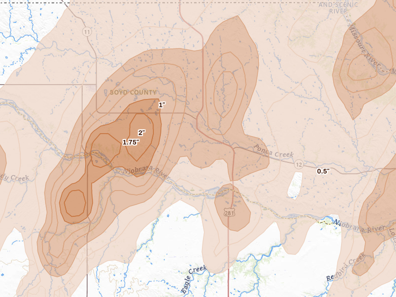 Radar-estimated hail-size map of the storm over Spencer, NE on May 17, 2026