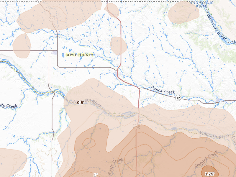 Radar-estimated hail-size map of the storm over Spencer, NE on Jul 2, 2026