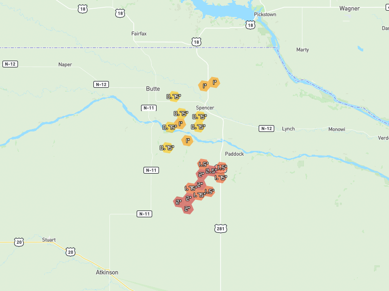 Hail map of Spencer, NE on Jul 3, 2026, hail up to 2.5"