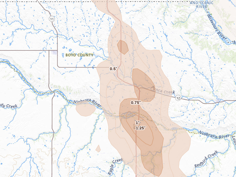 Radar-estimated hail-size map of the storm over Spencer, NE on Aug 20, 2026