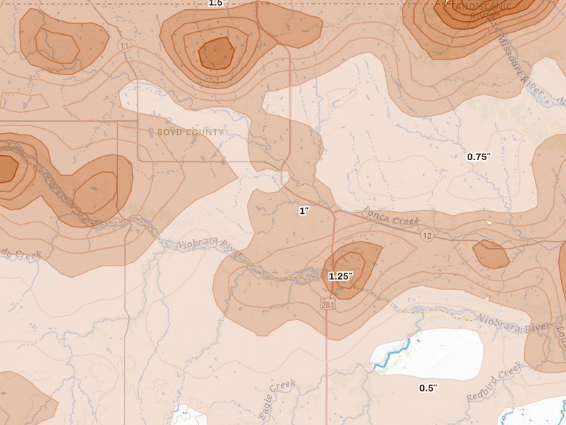 Radar-estimated hail-size map of the storm over Spencer, NE on Sep 1, 2026