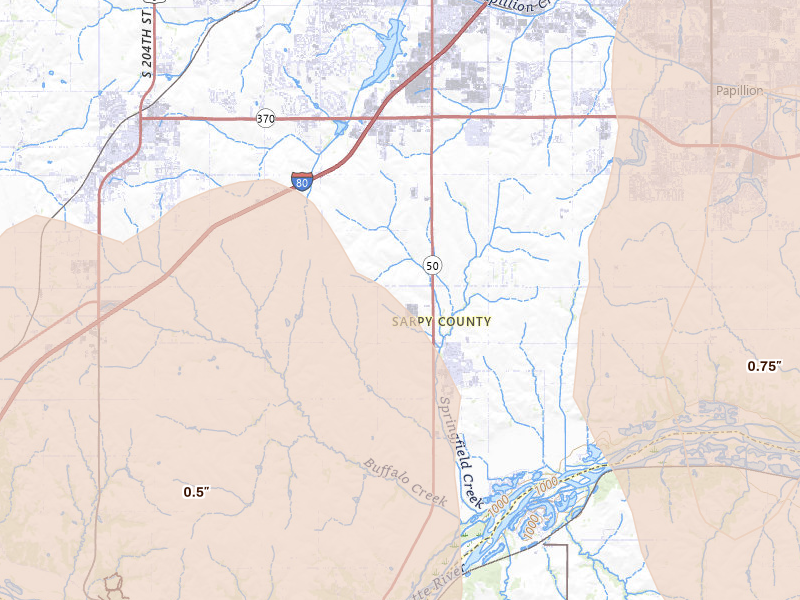 Radar-estimated hail-size map of the storm over Springfield, NE on May 17, 2026