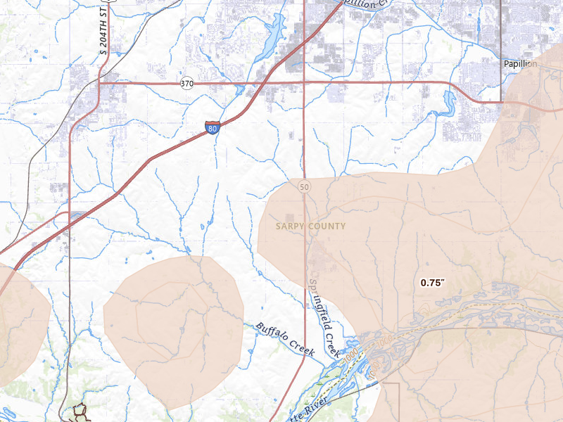 Radar-estimated hail-size map of the storm over Springfield, NE on Jun 5, 2026