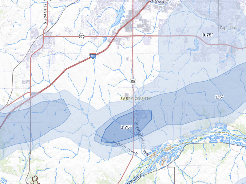 NEXRAD radar-signature map of the hail storm over Springfield, NE on Jun 5, 2026