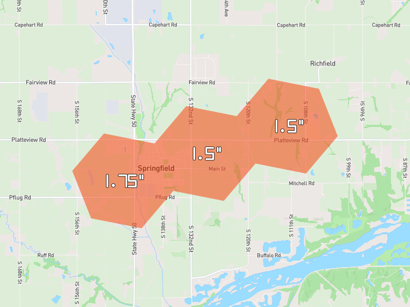 Hail map of Springfield, NE on Jun 6, 2026, hail up to 1.75"
