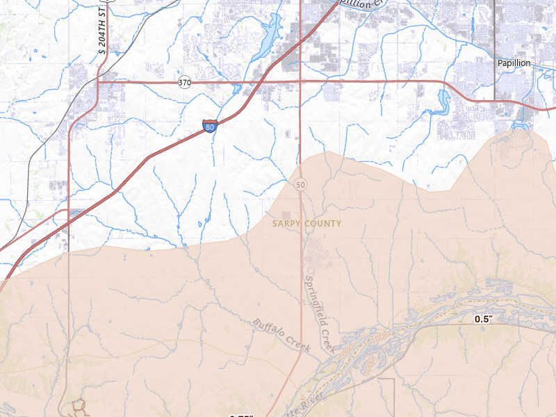Radar-estimated hail-size map of the storm over Springfield, NE on Jun 10, 2026