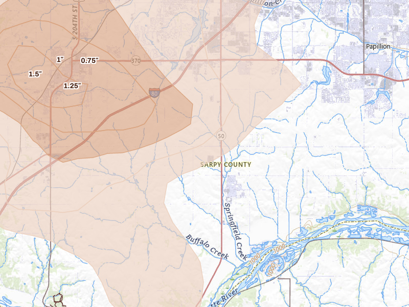 Radar-estimated hail-size map of the storm over Springfield, NE on Jul 3, 2026