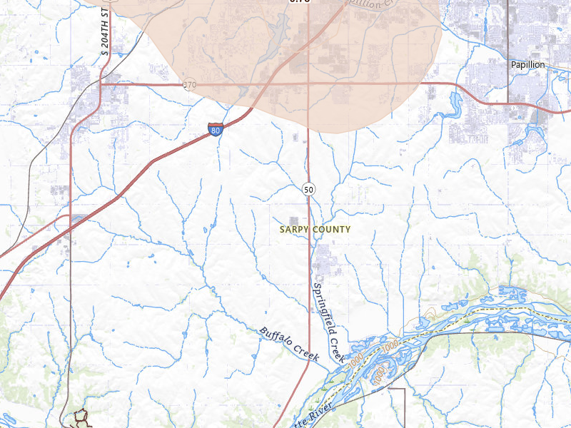 Radar-estimated hail-size map of the storm over Springfield, NE on Jul 8, 2026