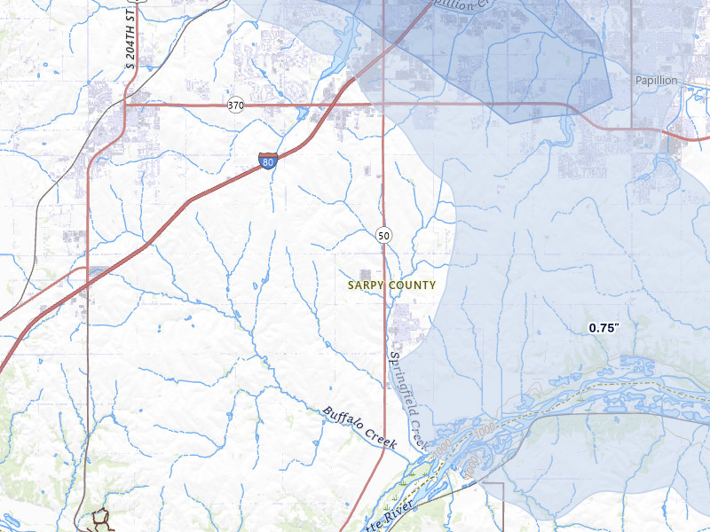 NEXRAD radar-signature map of the hail storm over Springfield, NE on Jul 8, 2026