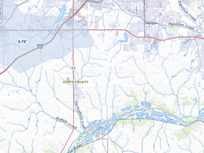 NEXRAD radar-signature map of the hail storm over Springfield, NE on Aug 8, 2026