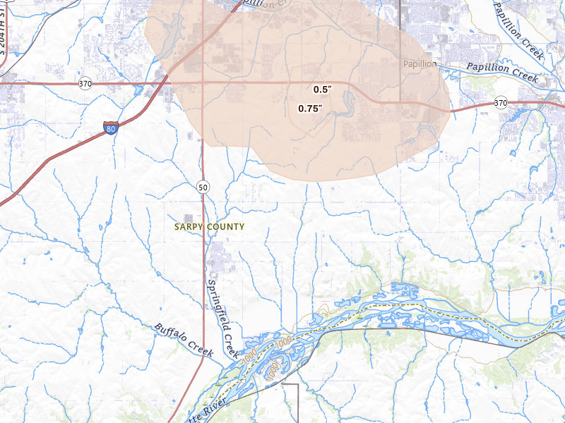 Radar-estimated hail-size map of the storm over Springfield, NE on Aug 11, 2026