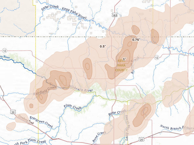 Radar-estimated hail-size map of the storm over Springview, NE on May 17, 2026
