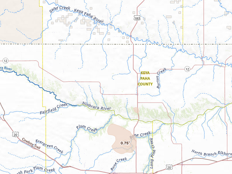 Radar-estimated hail-size map of the storm over Springview, NE on May 30, 2026