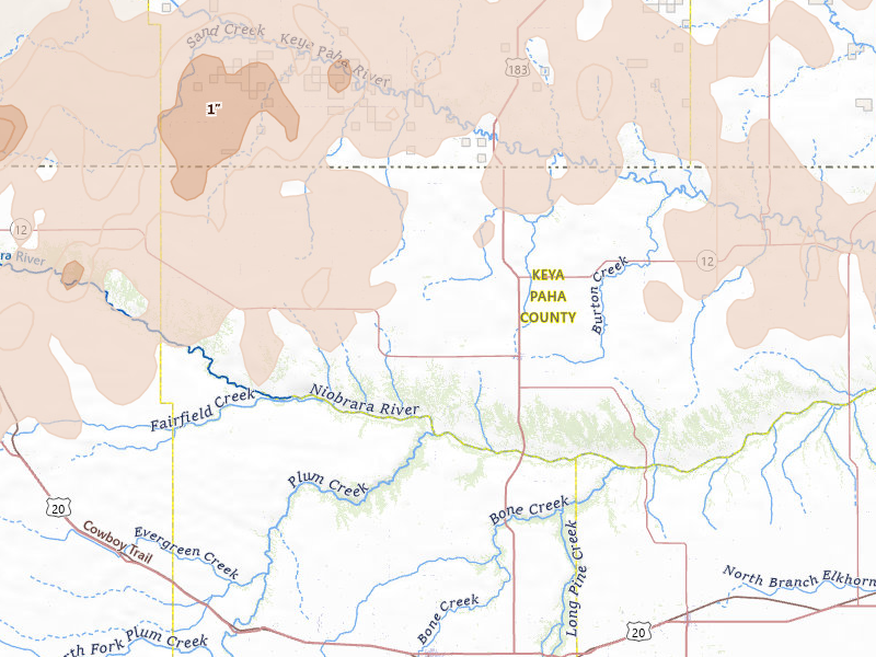 Radar-estimated hail-size map of the storm over Springview, NE on Jun 27, 2026