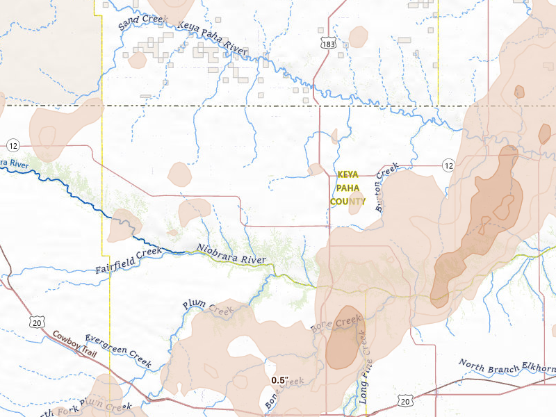 Radar-estimated hail-size map of the storm over Springview, NE on Jun 30, 2026