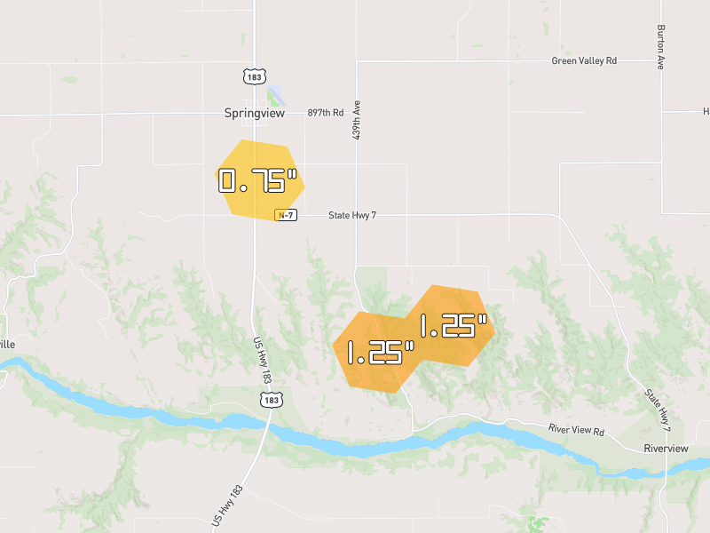 Hail map of Springview, NE on Jul 1, 2026, hail up to 1.25"