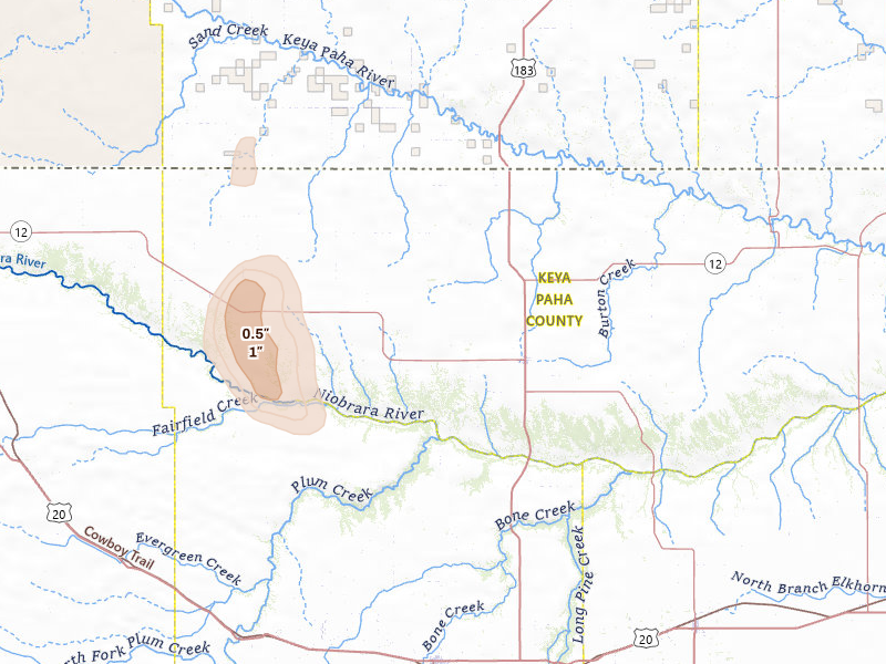 Radar-estimated hail-size map of the storm over Springview, NE on Jul 6, 2026