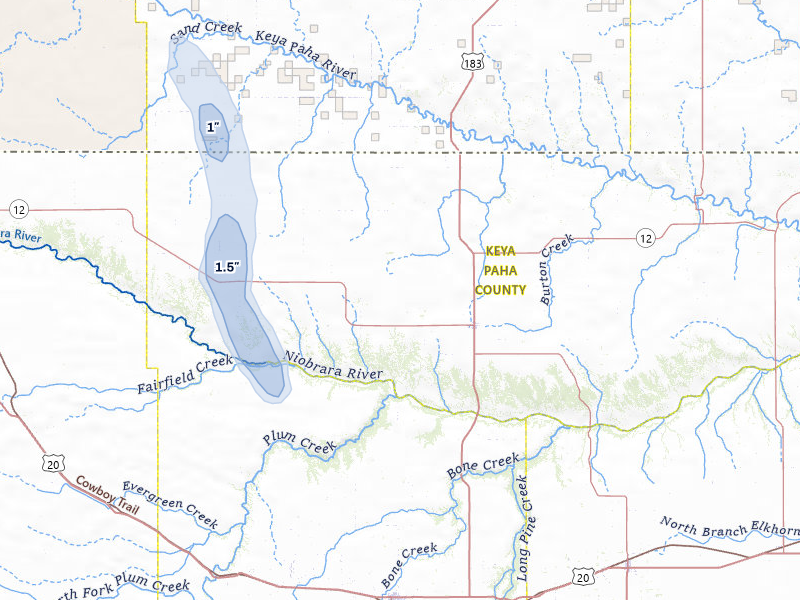 NEXRAD radar-signature map of the hail storm over Springview, NE on Jul 6, 2026